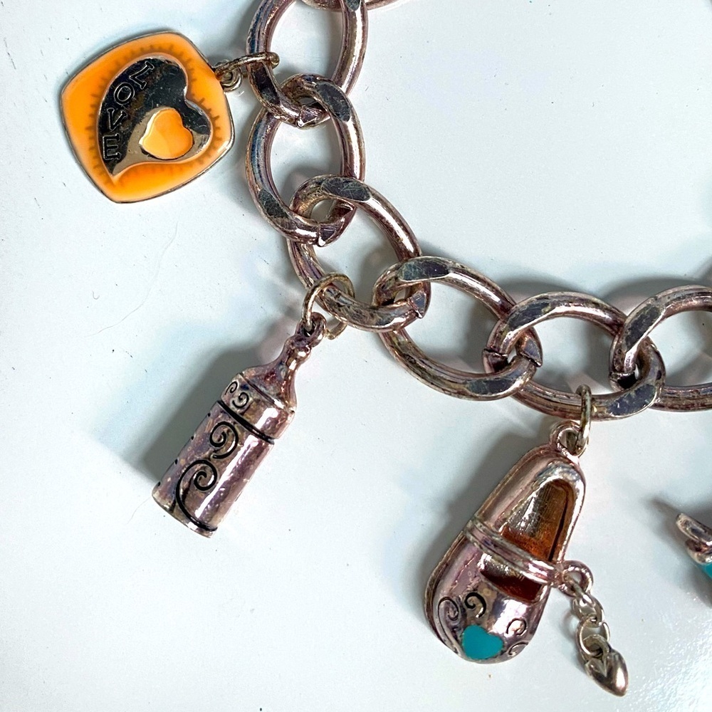 Vintage Brighton Baby Charm Bracelet LOVE Heart Carriage Shoe Bottle Silver 7" - Picture 3 of 8